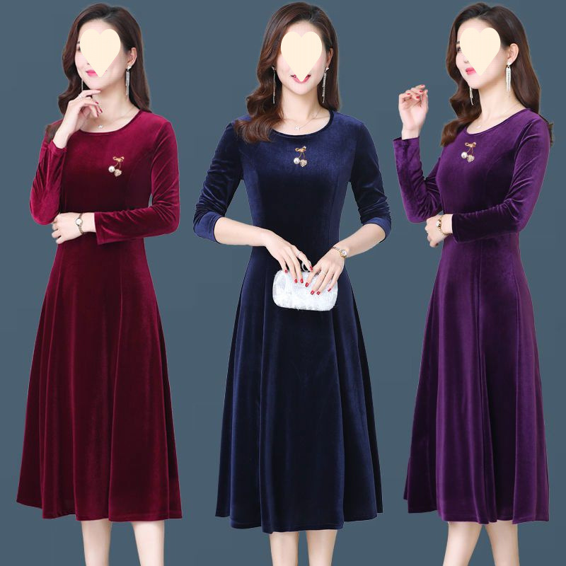 连衣裙女秋冬新款金丝绒连衣裙女中长款修身大码妈妈裙女装|undefined