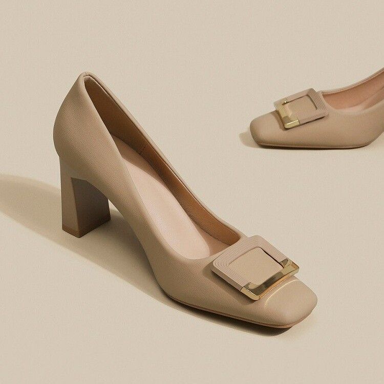 Square Buckle Chunky Heel High Heels for Women, Comfortable and Not Tiring, 2026 Spring and Autumn New Versatile Square Toe Mid-Heel Shallow Mouth Shoes to Match Skirts