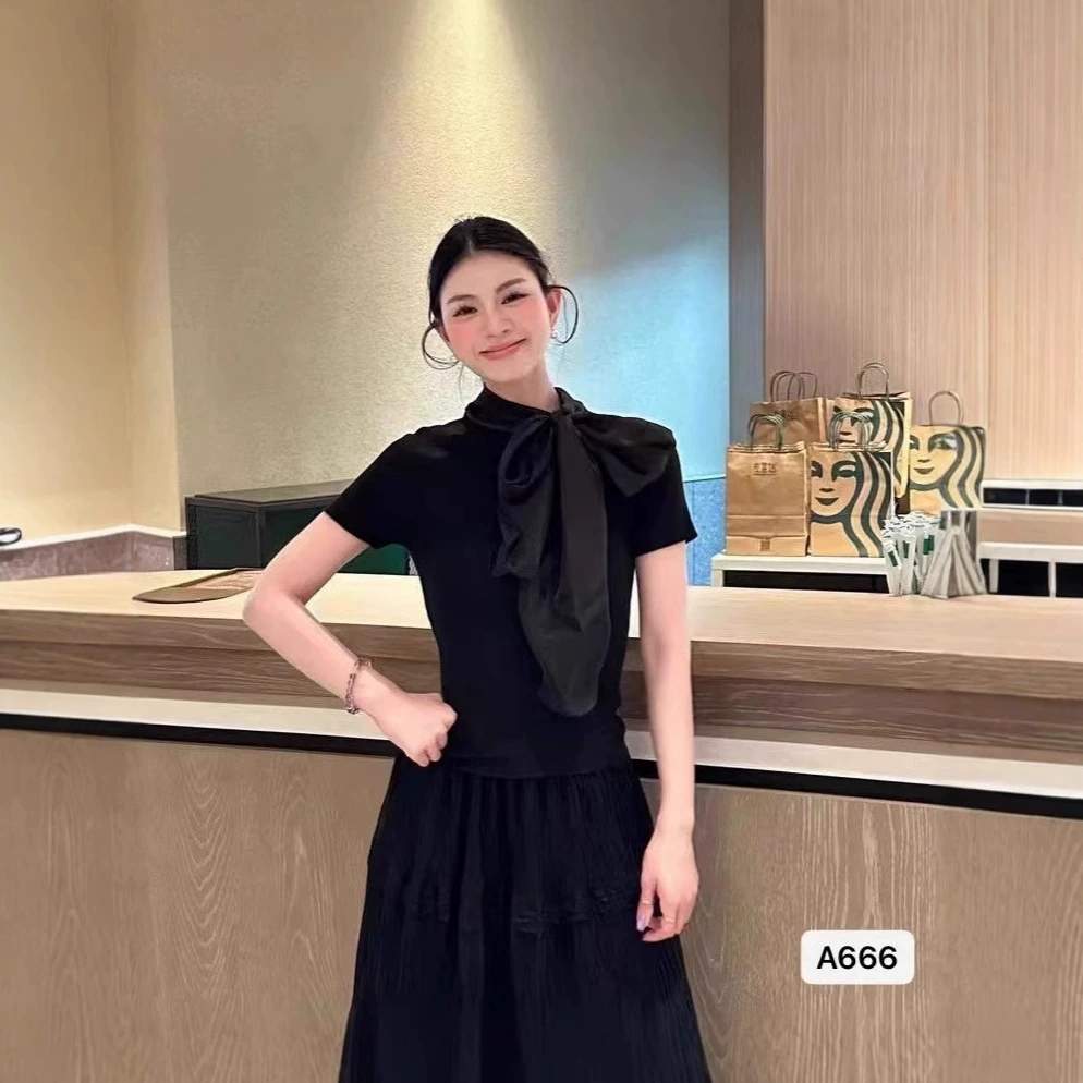 Французский нежный ветер бант темперамент вязаный свитер женский летний дизайн высокого уровня иностранные модные рубашки с короткими рукавами