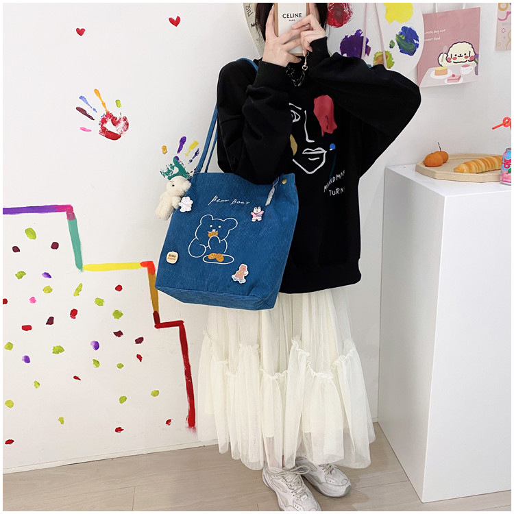 Women's Large Corduroy Bear Cute Magnetic Buckle Tote Bag display picture 1