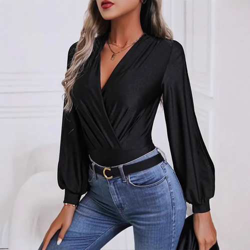 Elastic V-neck Plicated Cuff Hollow Bodycon Dress Long Sleeve Hollow Tight Women's Clothing
