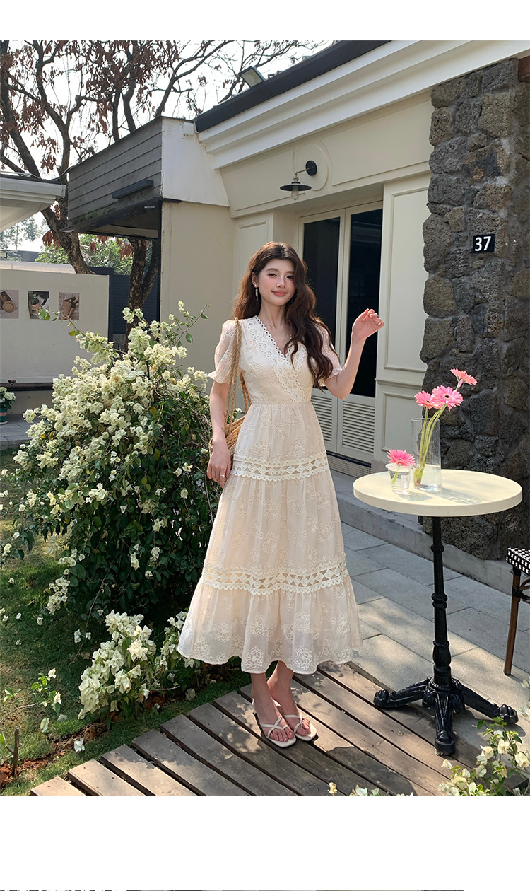 Đầm maxi nữ tay bồng ren hoa V cut-out phong cách Pháp cung đình — xanh lam, màu hồng, màu mơ chi tiết 18