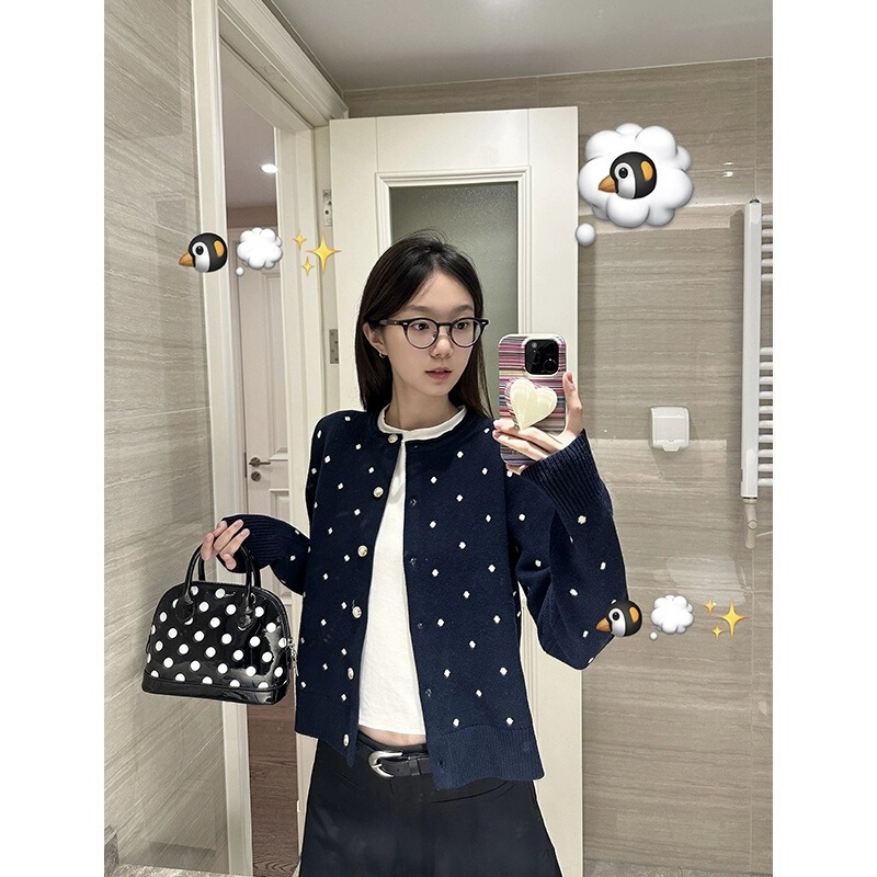 Real Price # Sheep Velvet # Korean Retro Navy Blue Polka Dot Sweater Women's Autumn Temperament Small Fragrance Knitted Cardigan Real Price # Sheep Velvet # Korean Retro Navy Blue Polka Dot Sweater Women's Autumn Temperament Small Fragrance Knitted Cardigan