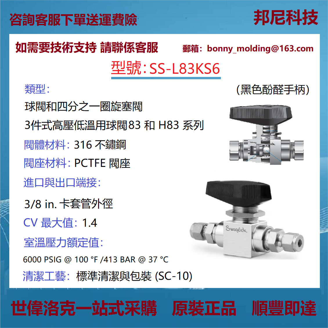 SS-L83KS6世伟洛克Swagelok不锈钢3件式高压低温用球阀PCTFE 阀座
