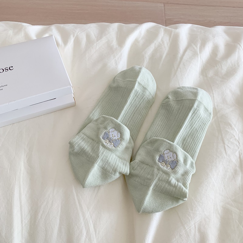 Calcetines de mujer de algodón primavera-verano con osito bordado, estilo kawaii, cómodos y transpirables.