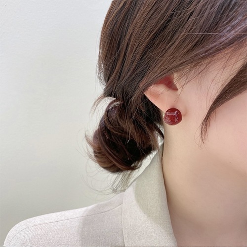 Korean version of the same red acacia bean red bean earrings round double-sided two-color creative metal style earrings