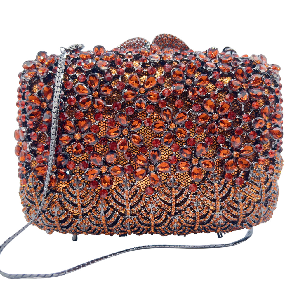 Túi clutch nữ đính kim cương nhân tạo họa tiết hoa tử đinh hương, cầm tay dự tiệc — Màu hồng, Hoa violet, Đế vàng kim cương, Màu bạc chi tiết 2