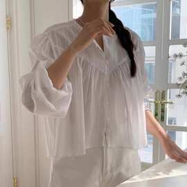 韩国cihc春季新款法式减龄宽松娃娃衫纹理感小排扣圆领泡泡袖衬衫
