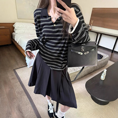 superniniy 艺术留学生 知识分子学院风细针织polo领宽松条纹衫棉