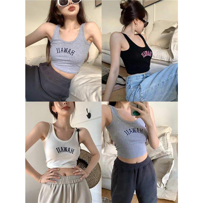 辣妹冰丝螺纹运动刺绣吊带小背心女修身显瘦外穿内搭打底衫上衣潮