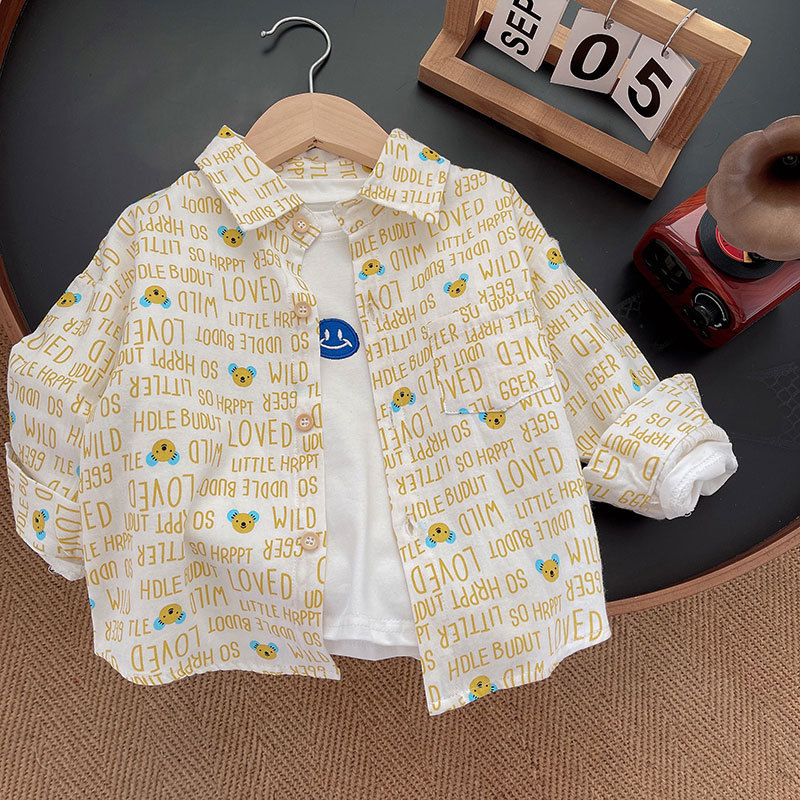 Camisa de algodón puro con solapa y dibujos animados para niños, estilo nuevo 2025, ropa infantil, camisa elegante de manga larga para bebés, top de primavera para niños