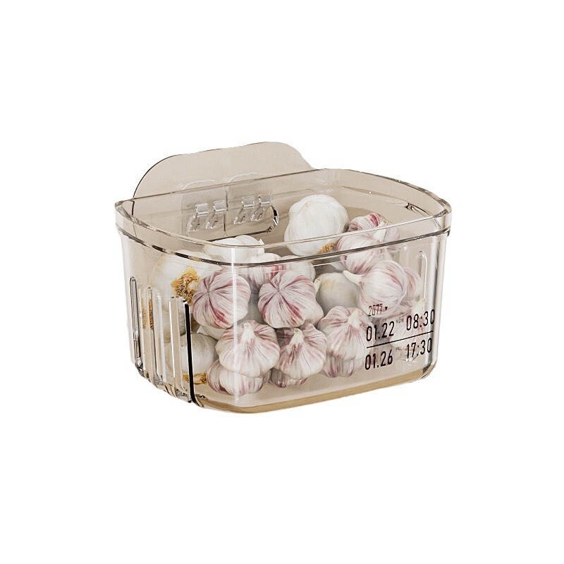 台所の穴を開けないで壁を掛けます。多機能のネギとニンニクの収納ケースに生姜とニンニクを入れます。|undefined