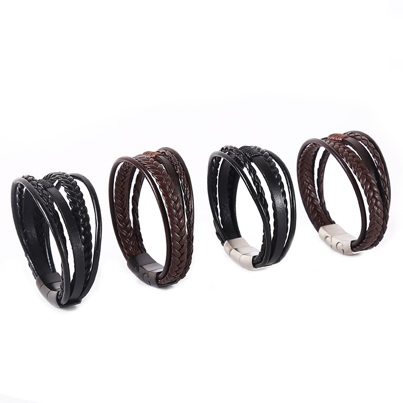 In stock cross-border supply men's vintage leather bracelet men's leather bracelet woven leather bracelet stainless steel leather bracelet
