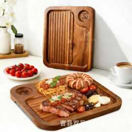 跨境实木餐用托盘双面可用切菜板寿司板牛排木盘带凹槽西餐意面板