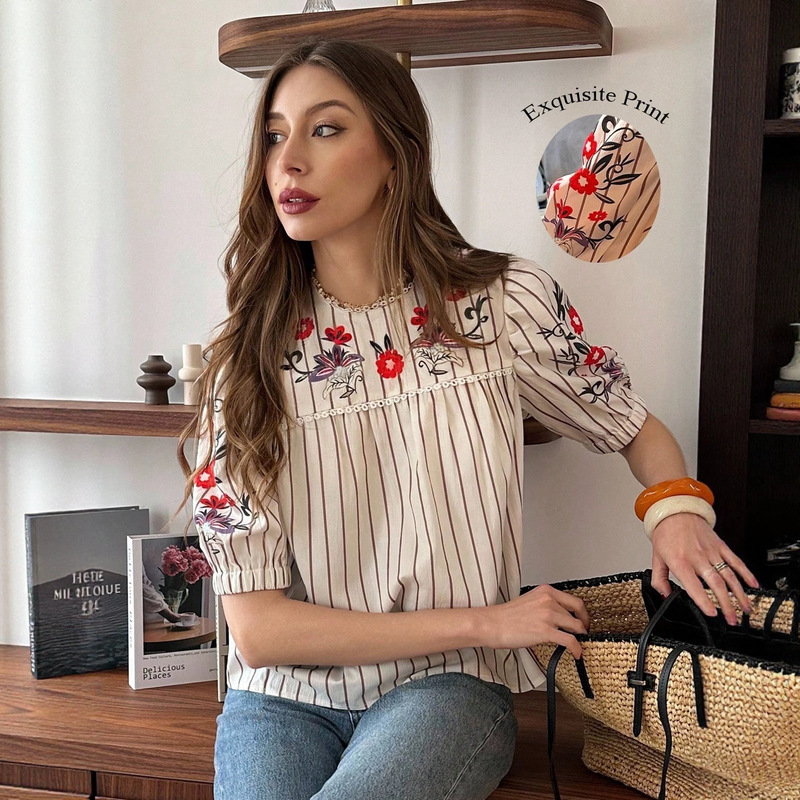 Amazon European and American Cross-Border Women's Clothing Retro Floral Print Lace Collar Puff Sleeve Vertical Stripe Slimming Shirt