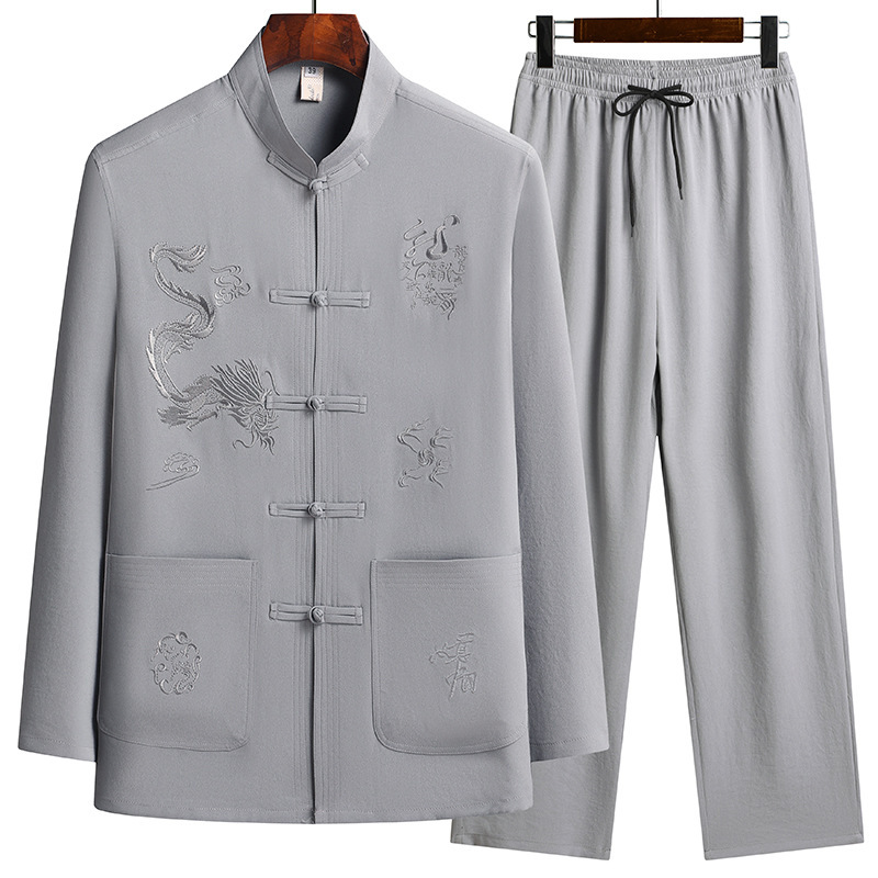 Thin Summer Suit for Middle-Aged Dads, Casual Tang Suit for Middle-Aged and Elderly Men, Chinese Style Long-Sleeved Hanfu for Grandfathers in Spring and Autumn Thin Summer Suit for Middle-Aged Dads, Casual Tang Suit for Middle-Aged and Elderly Men, Chinese Style Long-Sleeved Hanfu for Grandfathers in Spring and Autumn