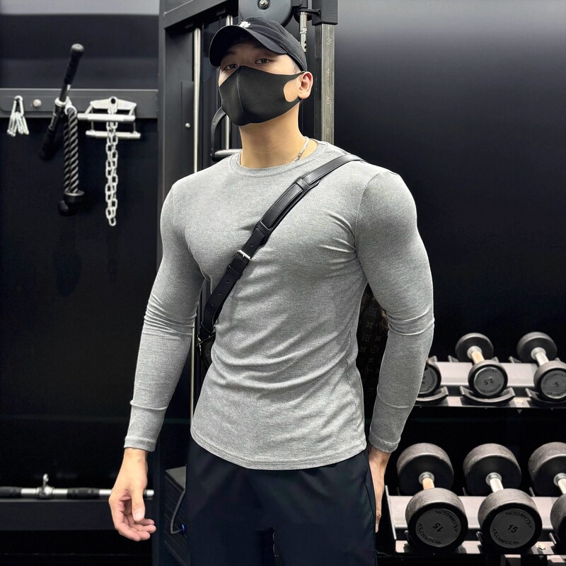 Velvet Threaded Long-Sleeved T-Shirt Men's Sports Running Fitness Elastic Muscle Tight Training Slim Bottoming Top
