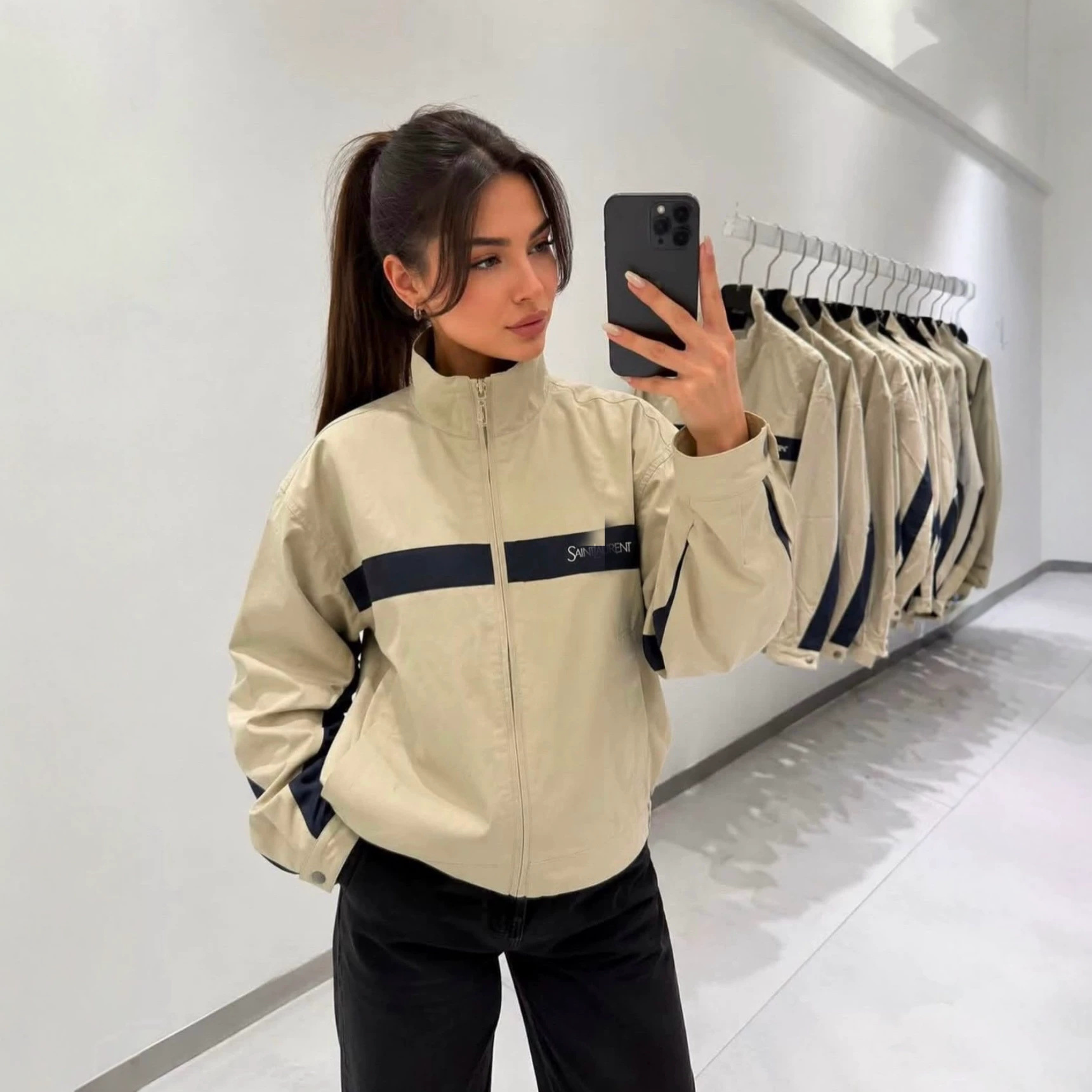 Cross-border foreign trade YS jacket for women, color-blocked stand-up collar long-sleeve trench coat, 26SS short style with letter embroidery, sports top