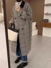 韓國格子雙面羊毛大衣女加長款2022秋冬新款高端撞色復古格紋外套