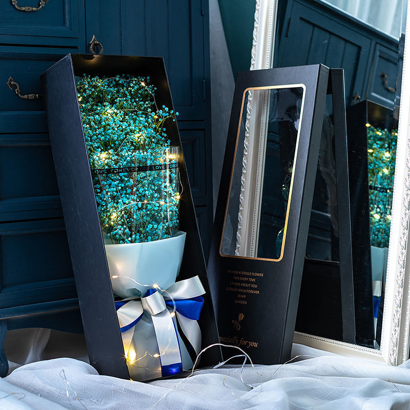 블루그린 안개꽃 60cm 선물상자-꽃다발+선물상자+LED조명