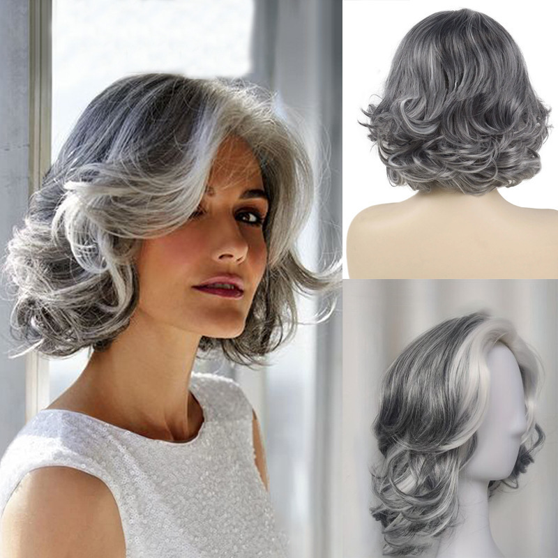 Synthetic Curly Silver Gray Wig with Bangs Fashion Hairstyle Ladies Short Bob Wig for Women Cosplay