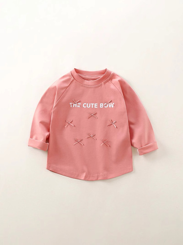 Girls' Lacey Cotton Bowknot Long-Sleeve T-Shirt Fresh Korean Version 2025 Spring and Autumn New Long T-Shirt 2025 Spring Style Fashion