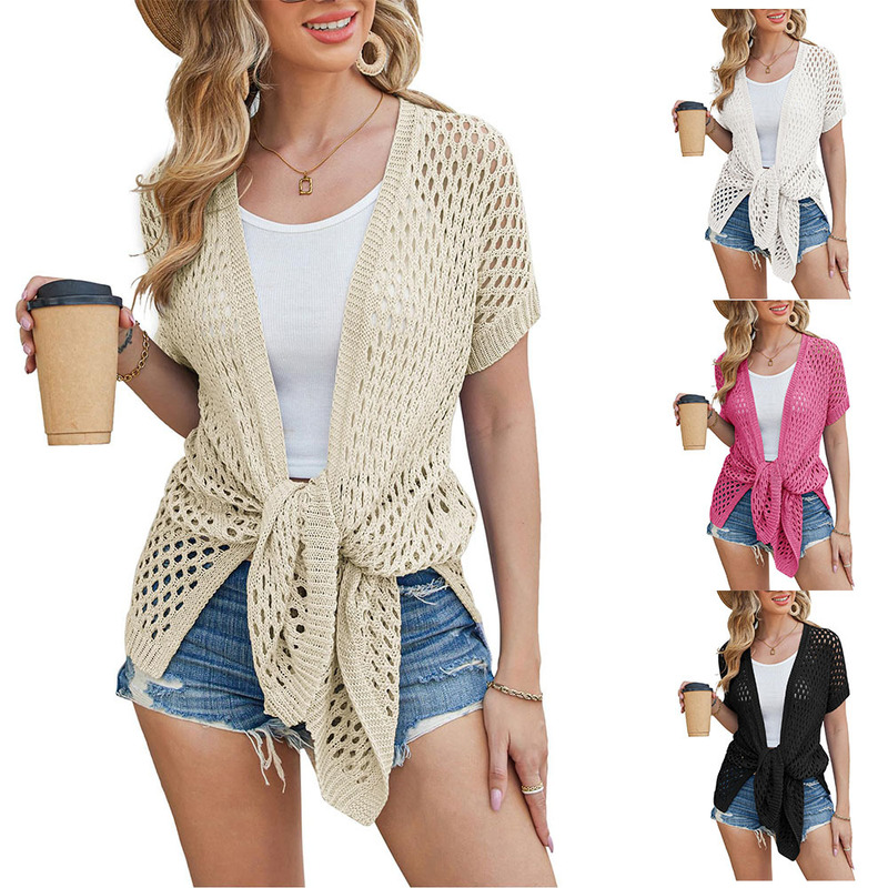 2024 Cross-border European and American Independent Station Mesh Cardigan Crochet Short-sleeved Long Cardigan Blouse Knitted Perspective