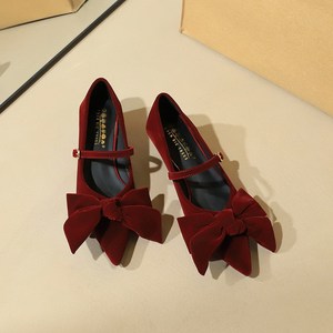 2388-H106 European and American style fashionable Xishi velvet pointed toe shallow mouth large bow straight buckle strap