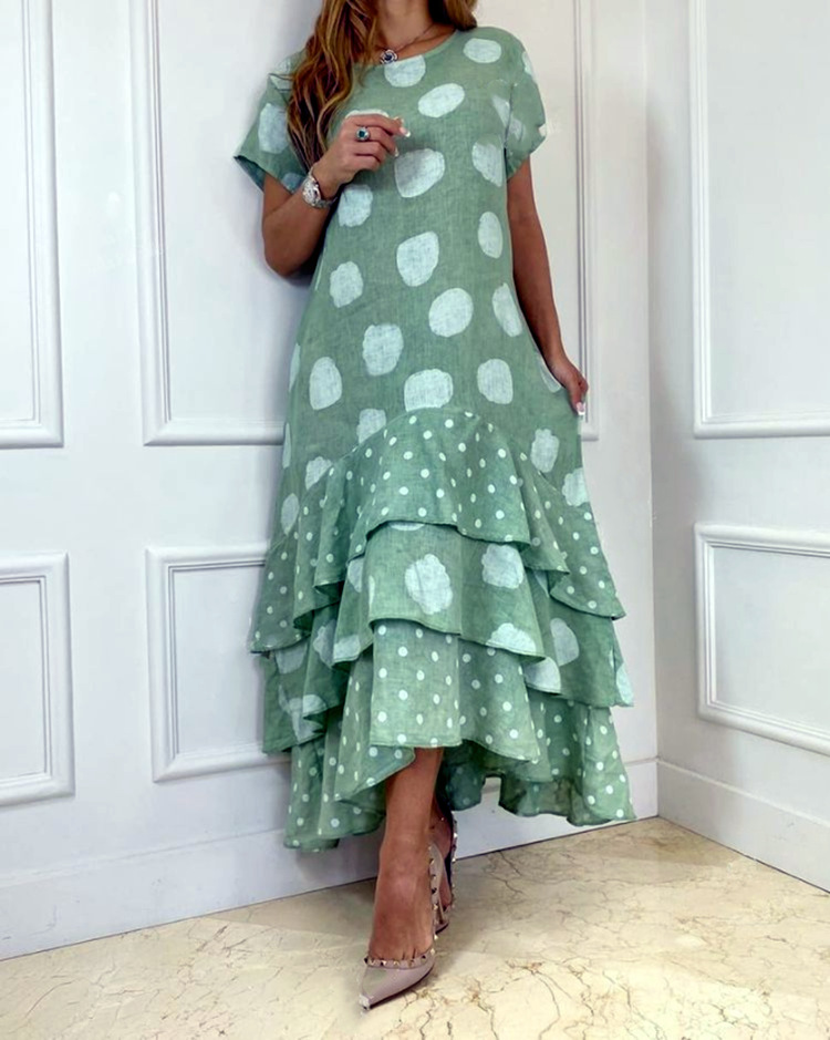 Mid Waist Waist Line Wholesale Women's Vacation Printing Round Dots Holiday Daily Round Neck Short Sleeve Swing Dress