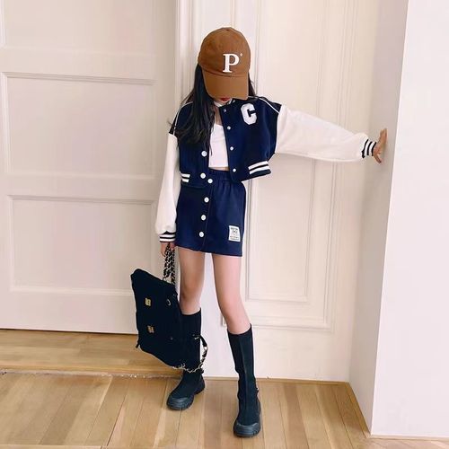 Girls Korean Spring and Autumn Suit  Autumn Big Children Fashion New Button Baseball Uniform Short Skirt Two-piece Set