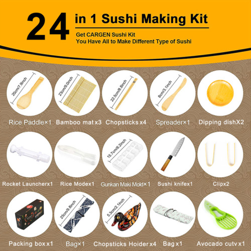 Home Kitchen Sushi Mold Set 24-Piece Round Sushi Tube Bamboo Mat Roll Cake Nori Rice Roll Mold