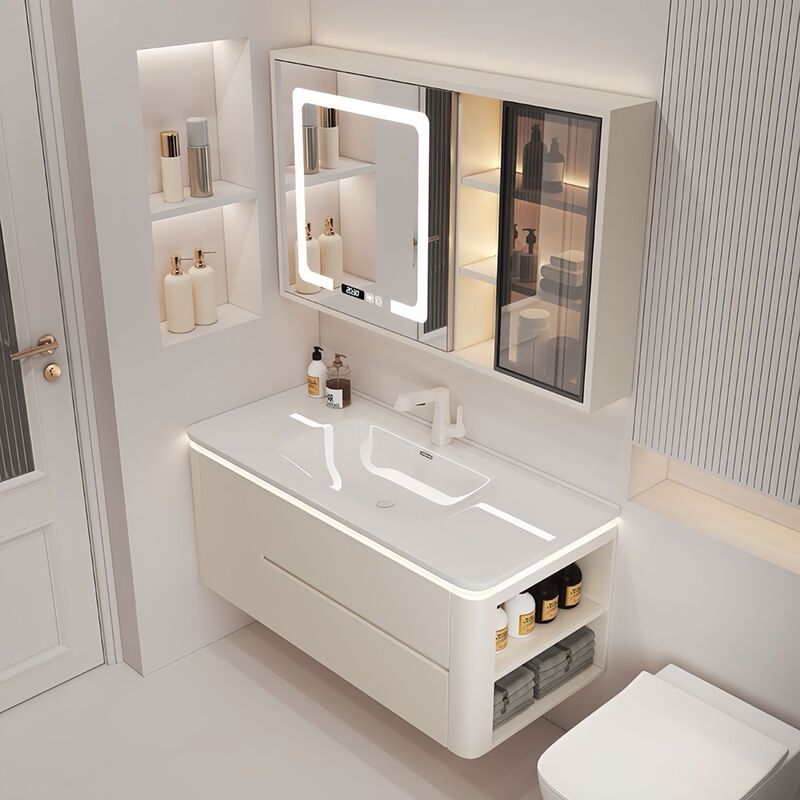 Side Bathroom Cabinet Ceramic Integrated Basin Washbasin Cream Storage Washbasin Cabinet Combination Bathroom Rounded Corner Bathroom Cabinet