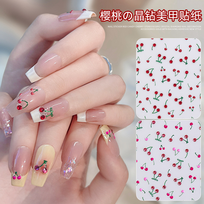 2023 nueva celebridad en línea diamante 3D tridimensional decoraciones de uñas de alivio Nail Candy Cherry Crystal Diamond pegatinas