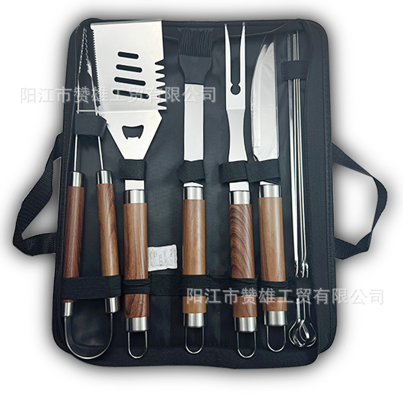 Juego de herramientas de barbacoa de mango de tubo grande de acero inoxidable de grano de madera Combinación de herramientas de barbacoa para exteriores Juego de barbacoa para hornear