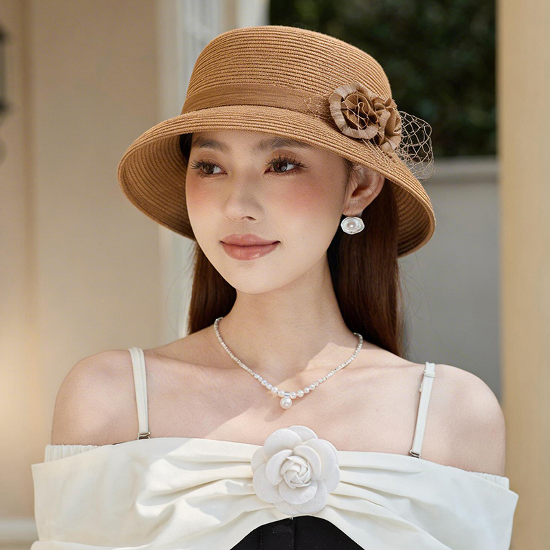 Mũ rộng vành nữ đi biển chất liệu lụa gai hoa nhỏ, chống nắng, kiểu mũ chậu thời trang — màu be