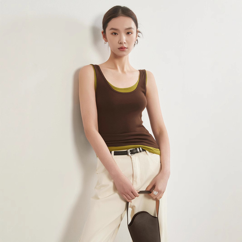 Women's Vest Spring and Summer True Two-Piece Slim-Fitting Top Versatile Knitted Inner Bottoming Pure Color Comfortable U-Neck Suspbottomer for Women