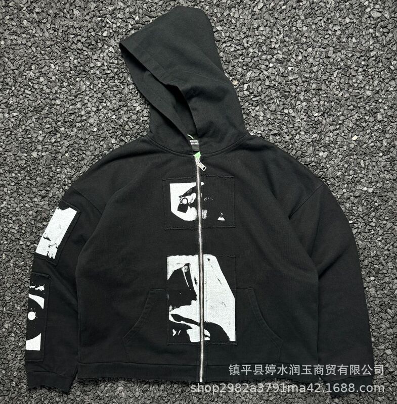 正确版忧郁的富二代人像标语破洞拉链连帽卫衣高街潮牌宽松男帽衫|undefined