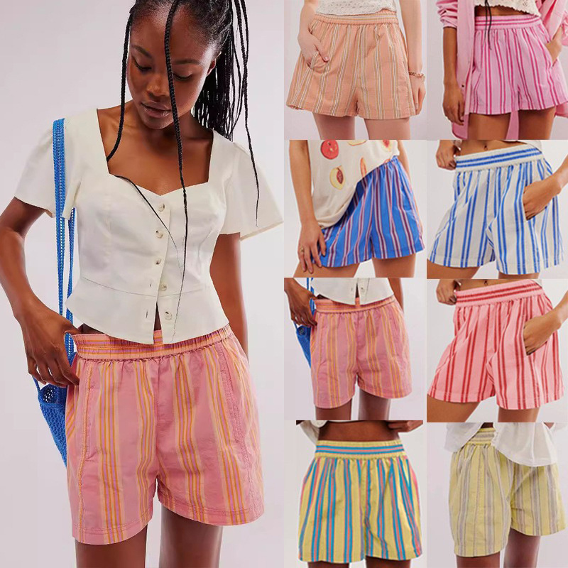 New Striped Print Shorts for Women, European and American Style, Casual Fashion Street Shorts for Spring and Summer