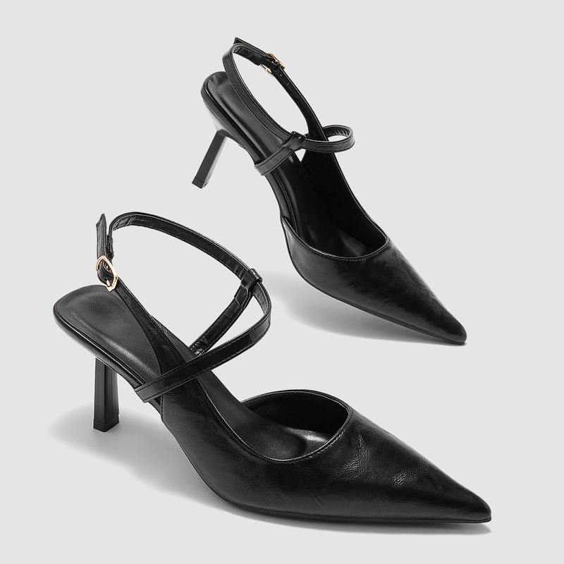 European and American Style Pointed-Toe Stiletto Sandals for Women, with a Single Strap, Comfortable Soft Leather, New High-Heeled Shoes with Closed Toe and Open Back
