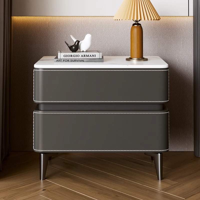 Mesita de noche de cuero estilo saddle para dormitorio, moderna 2023, de lujo ligero, con acabado mate pizarra, mueble de almacenamiento, minimalista italiano, de madera maciza