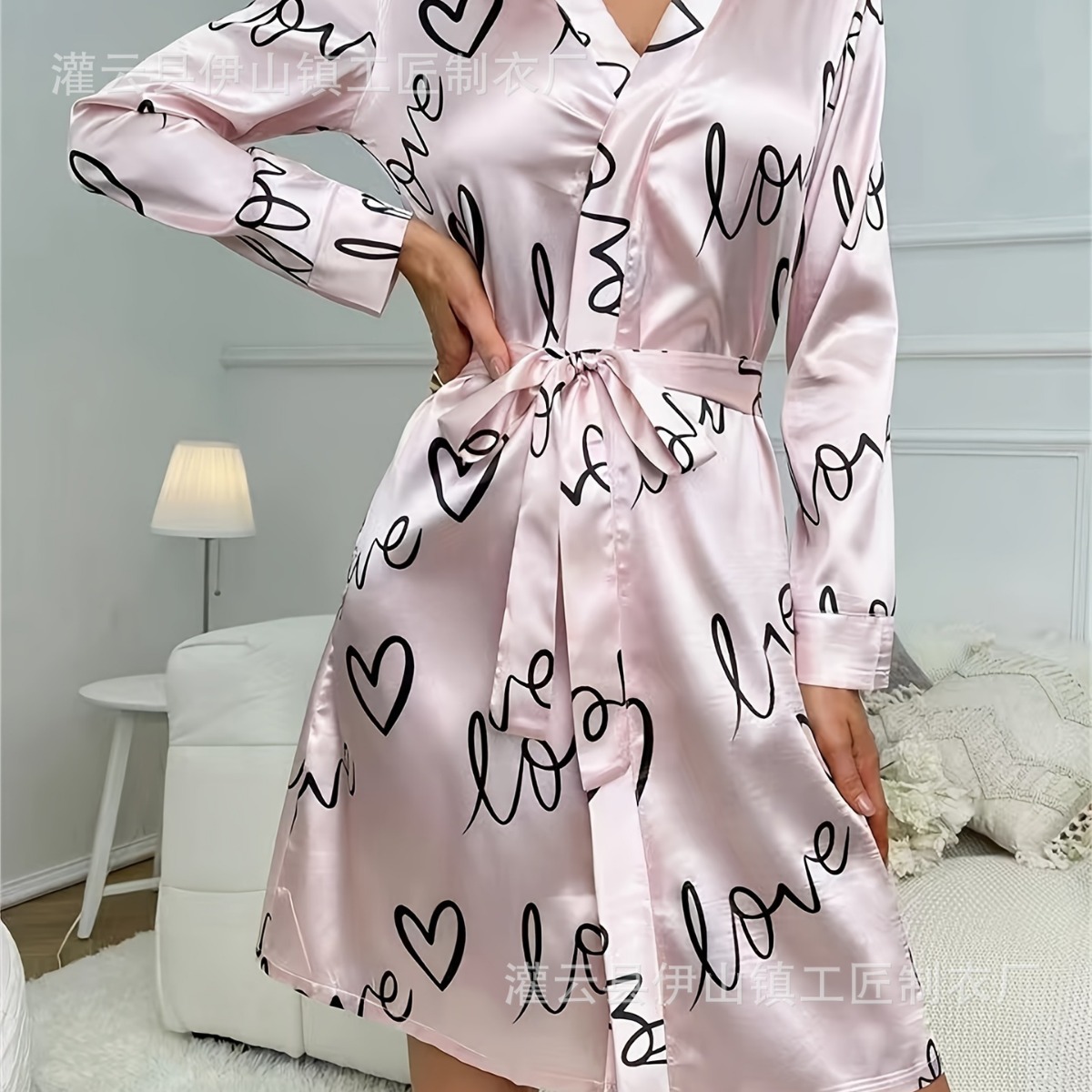 Transfronterizos TEMU mujeres de verano nuevo estilo impresión de seda pijama de mangas largas correa bata de baño corta pijama casero sexy