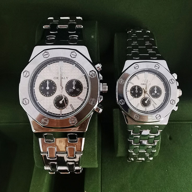 Relógio de quartzo com pulseira de aço masculino e feminino 2024, clássico, casual, três olhos, com calendário, à prova d'água, para casal_voghion.com