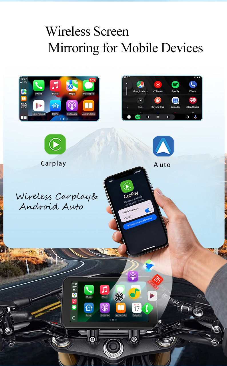 Motorcycle Smart Navigation System CarPlay/Android Auto Wireless Screen Mirroring Dash Cam Waterproof