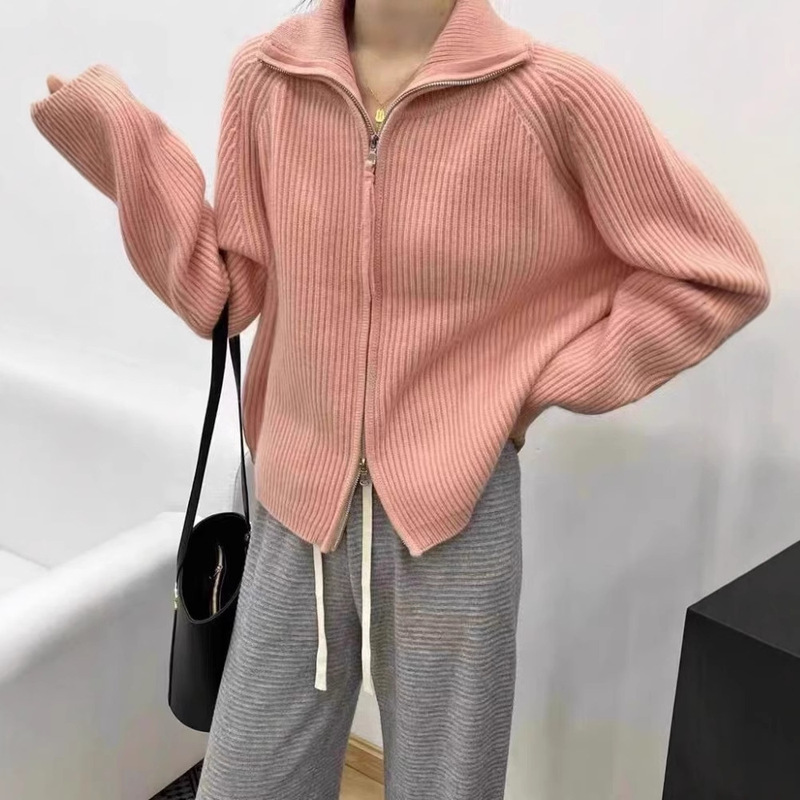 Cross-Border New Thickened Wool Cardigan Autumn and Winter Women's Lapel Double Zipper Sweater Loose Cashmere Sweater Jacket