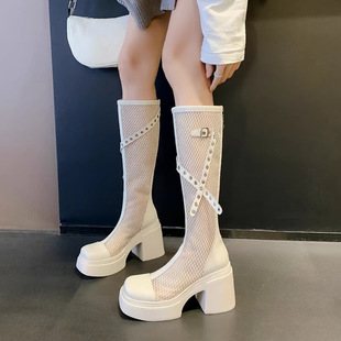 Thin Thick-Soled Boots Women's Mesh Sandals 2025 Summer New Style Cut Out Breathable Mesh Thick Heel High Knight Boots