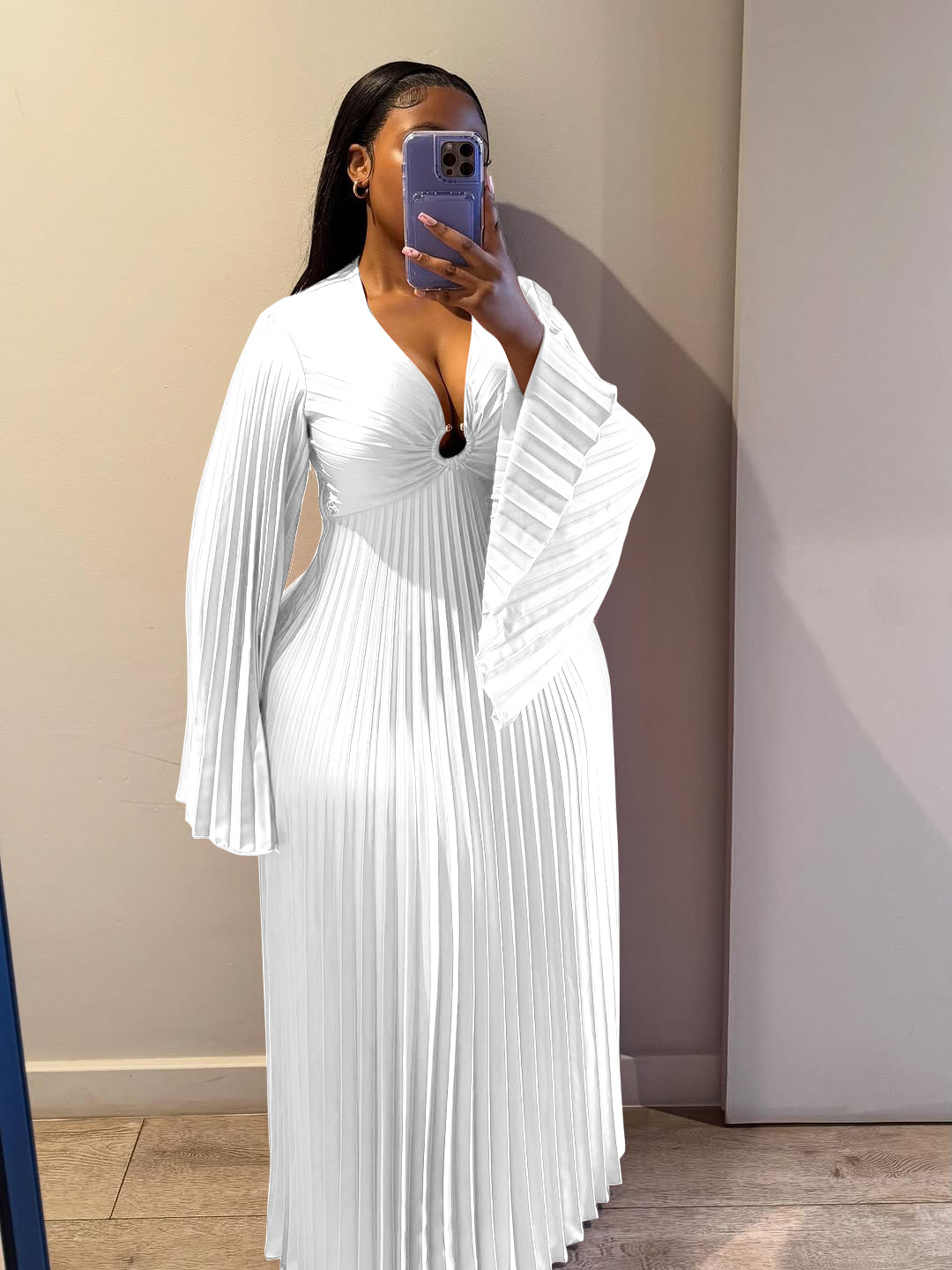 Women's Clothing Elegant Slim Fit Women's Dress V Neck Pleated Long Sleeve Solid Color Casual Spring/Autumn Dress_ecoleips.com