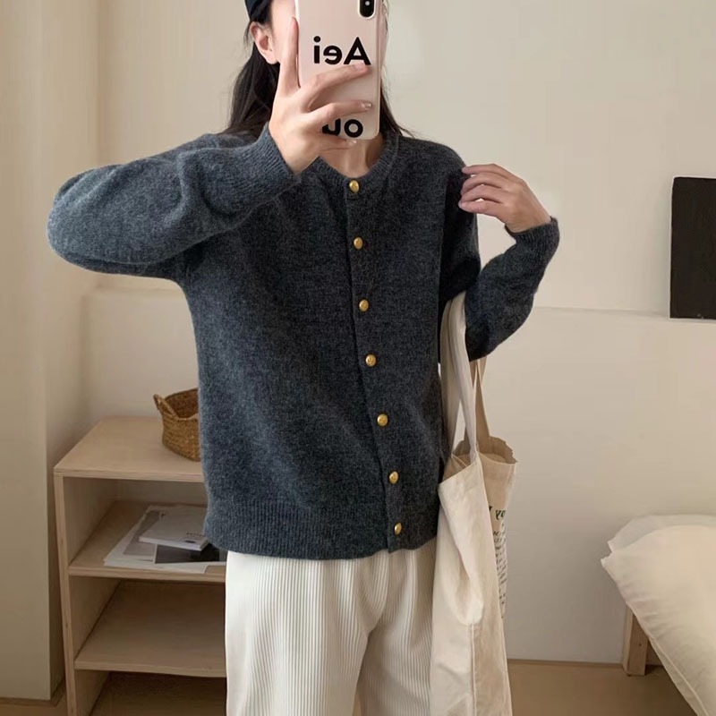 韩系休闲宽松长袖针织开衫女秋冬新款高级感百搭圆领简约毛衣外套|undefined
