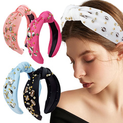 跨境熱銷水鑽太極布藝發箍百搭髮飾盤發高顱頂橄欖球釘珠打結頭箍