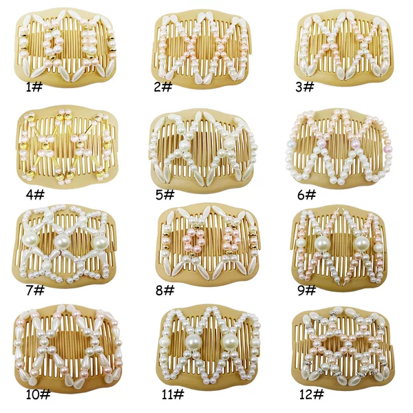 Cr70 European and American New Style Faux Wood Double-Row Comb with Pearls, Versatile Hair Comb, Magic Hair Comb, Beaded Hair Styling Tool, Insert Comb