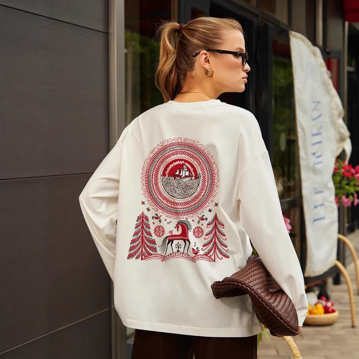 100% Cotton Long-Sleeved T-Shirt American Early Autum New Loose Stylish Interesting Age-Reducing Printed Loose Top for Women